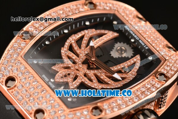 Richard Mille RM025-01 Miyota 6T51 Automatic Diamonds/Rose Gold Case with Black Dial and Black Rubber Strap - Click Image to Close